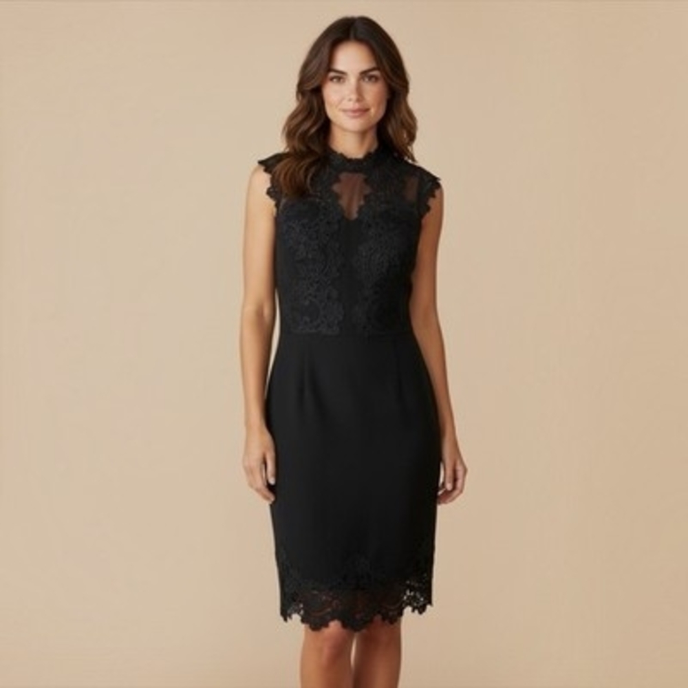 Vince Camuto Black Lace Sheath Dress Sleeveless Keyhole Size 10 Excellent